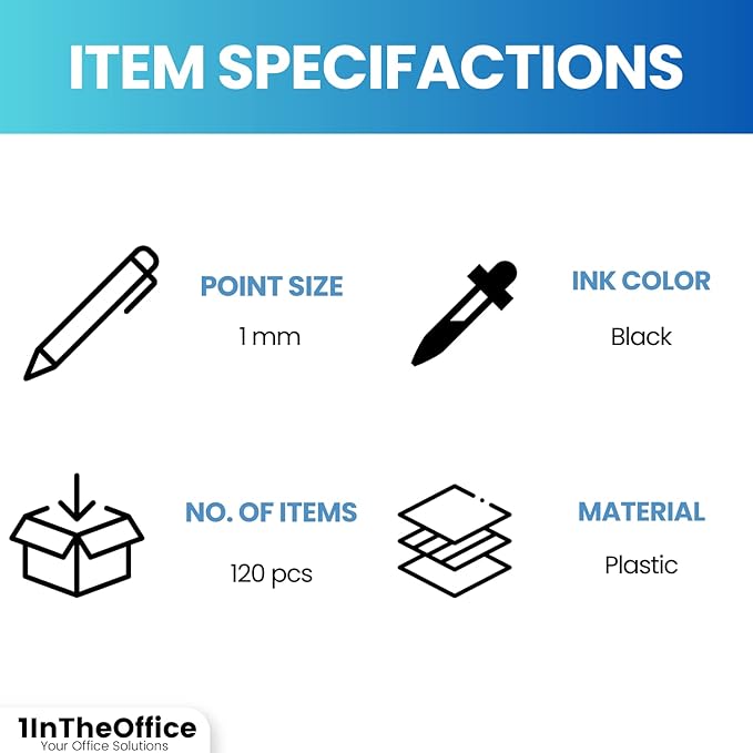 1InTheOffice Ballpoint Pens, Medium Point, Black Ink, 1.0mm, 12 Pens/Box, 10 Boxes