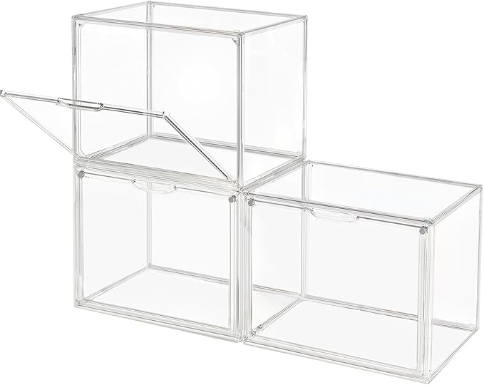 Clear Stackable Plastic Storage Bins with Magnetic Lid, Dustproof Book & Cosmetic Display Cases, Large Figures Collectibles Showcase, Shoe Box, Protection Organizer (Clear-L-3 Pack)