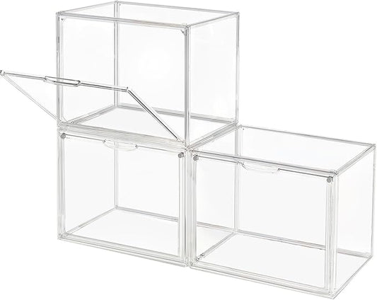 Clear Stackable Plastic Storage Bins with Magnetic Lid, Dustproof Book & Cosmetic Display Cases, Large Figures Collectibles Showcase, Shoe Box, Protection Organizer (Clear-L-3 Pack)