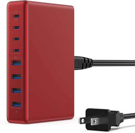 200W USB C Charger Block,GaN IV Charging Station 8 Ports,QC4.0 Fast Charging Station Hub+PD 65W USB C Laptop Charger Adapter Compatible with MacBook Air/Pro,DELL,iPhone 17/16/15,iPad,Steam Deck-Red