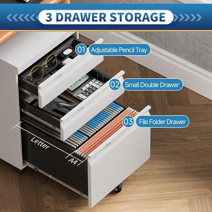 File Cabinet for Home Office,3 Drawers Mobile File Cabinets Rolling,Under Desk Metal Filing Cabinet, Small Mobile File Storage Cabinets for Legal/Letter/A4 -White/Assembly Required