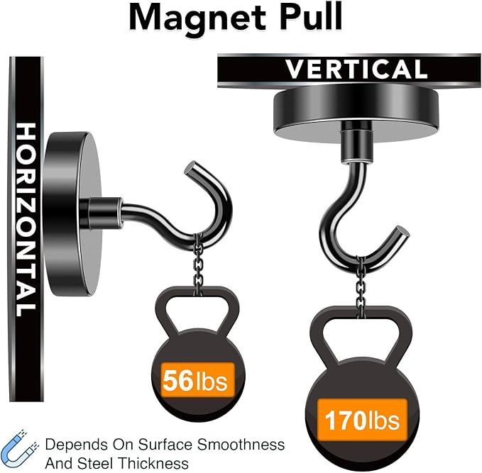 MIKEDE Black Magnetic Hooks Heavy Duty, 170LB+ Strong Neodymium Magnets for Refrigerator, Magnetic Hooks with Epoxy Coating for Hanging, Magnets with Hooks for Cruise, Home, Workplace - 10 Pack
