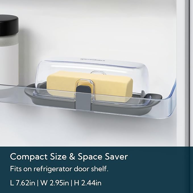KITCHENDAO Airtight Butter Dish with Lid for Countertop and Refrigerator Door Shelf, Butter Holder with One Press to Open/Close Secure Latching Buckle, Butter Keeper for West/East Coast Butter (Black)