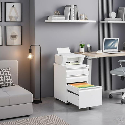 3-Drawer Metal Mobile File Cabinet with Lock, White Rolling Filing Cabinet for Letter/Legal/A4 Folders, Under-Desk Storage Organizer with Pencil Tray, 17.71" x 15.35" x 23.62" for Home & Office