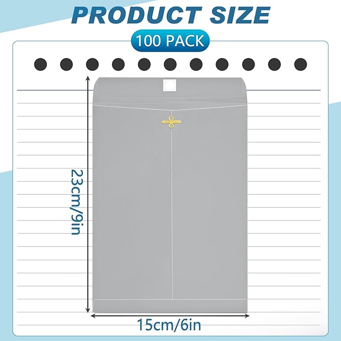 Geyee 100 Pcs Clasp Manilla Envelopes 6 x 9 Inch Gummed Colored Envelopes for Storing or Mailing for Home Office Business Supplies(Gray)