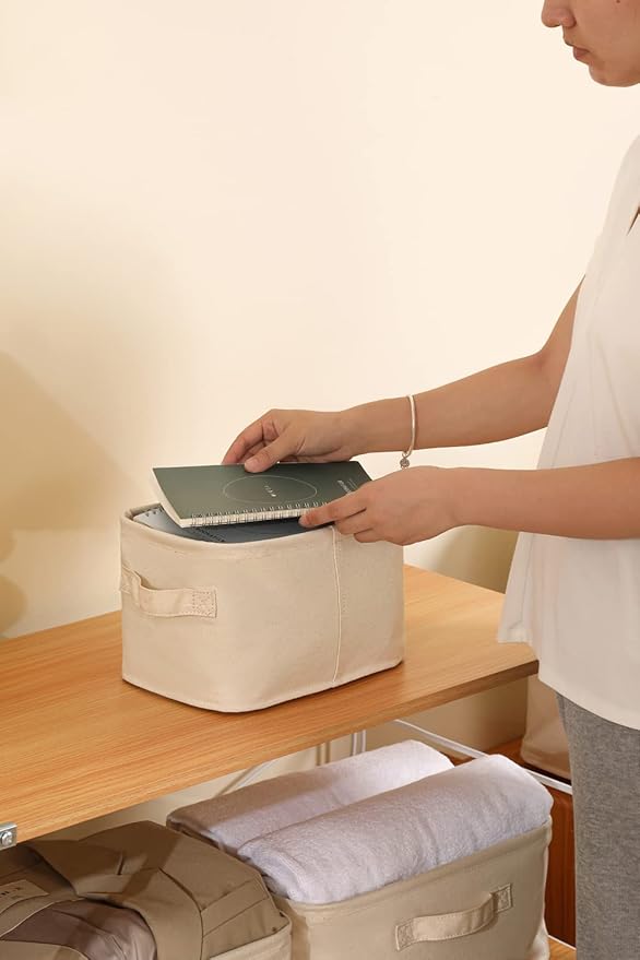 Decorative Basket Rectangular Fabric Storage Bin Organizer Basket with Handles for Clothes Storage (14.5 x 10.2 x 13.3, Beige)