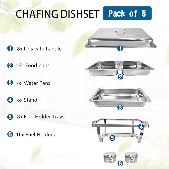 Chafing Dish for Buffet, 8 Pack Stainless Steel Chafing Servers Food Warmer Set with 8QT Half Size Food Pan for Kitchen Party Banquet Dining