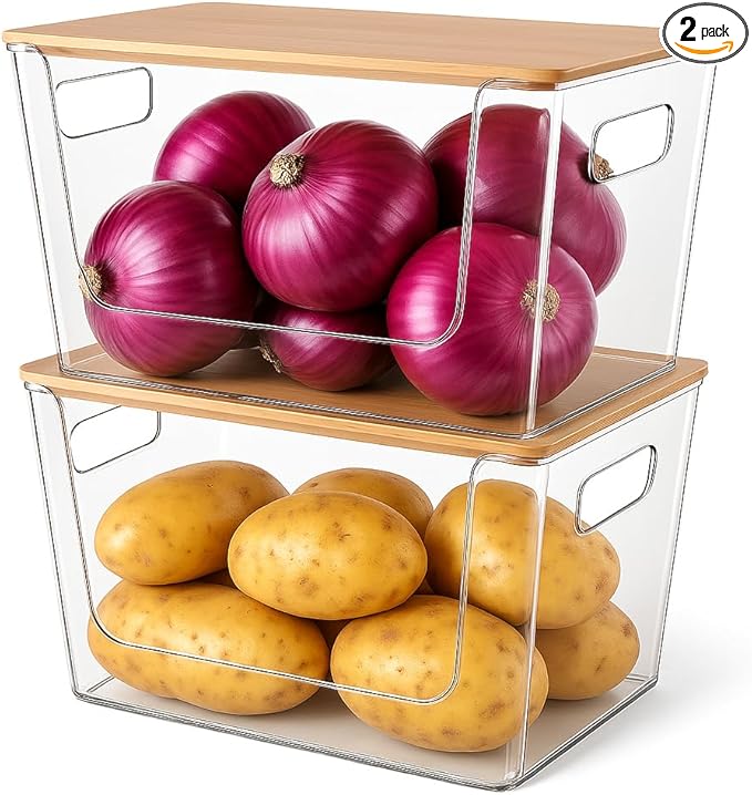 2 Set Pantry Organizers and Storage - Clear Stackable Bins with Bamboo Lid for Fruit, Onion, Potato, Vegetable - Trash Bag Holder Dispenser Under Sink Organizer for 4-13 Gal Bags