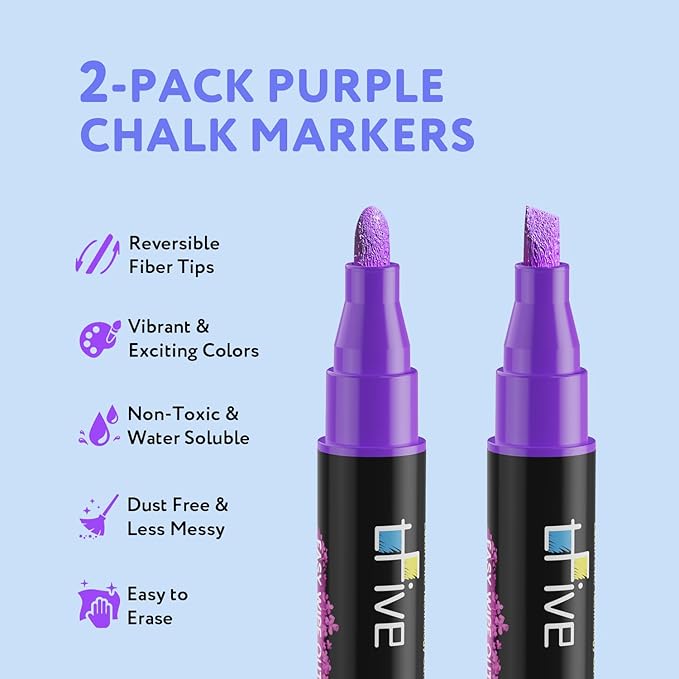 TFIVE Purple Liquid Chalk Markers - 2 Pack Bright Colors Erasable Chalk Marker Pens, Reversible Tip, Non-Toxic, for Chalkboards, Signs, Glass, Easy to use Chalk markers TF800