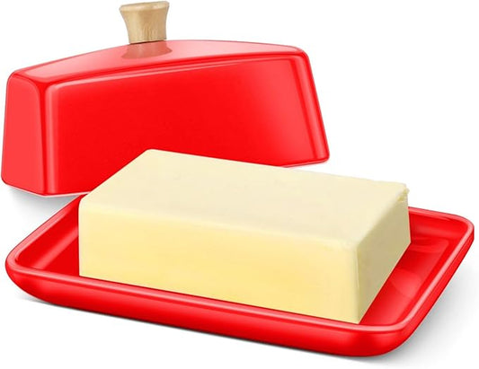 Flexzion Ceramic Red European Butter Dish with Lid for Countertop (7 Inch) - Wide 2 Stick Double Butter Holder for Counter, Cream Cheese Container Storage Keeper