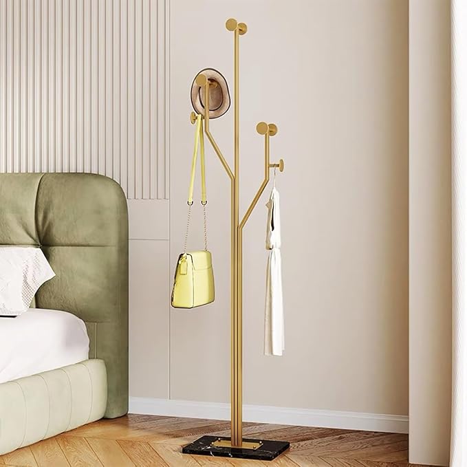 Gold Coat rack,Sturdy coat tree freestanding heavy duty with Marble Base,Metal standing coat rack for Bedroom,Entrance,Modern coat hanger stand for Coats,Hats,Bags(gold)