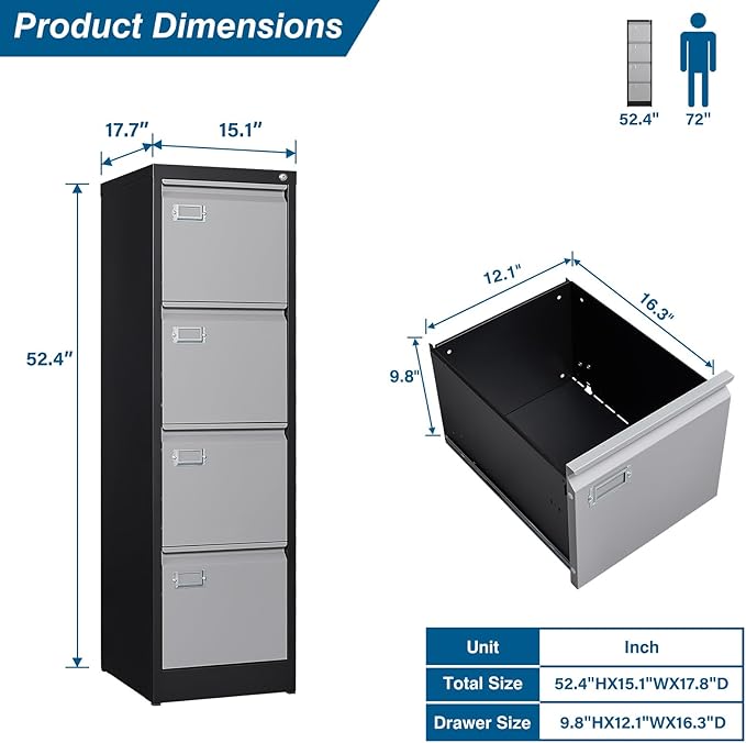 4 Drawer File Cabinet, Vertical Filing Cabinets with Lock, Metal File Cabinets for Home Office, Anti-Tip 4 Storage Drawers for Letter/Legal/A4/F4 Size (Assemble Required, Black)