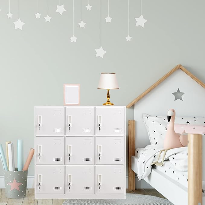 Metal Locker 9 Door Storage Cabinet, Steel Office Storage Lockers for Employees, Lockable Metal Cabinet with Lock and Ventilation, Office School Gym Garage Storage Organizer