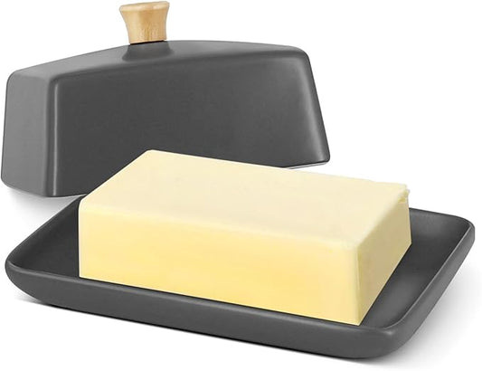 Flexzion Ceramic Gray European Butter Dish with Lid for Countertop (8 Inch) - Wide 2 Stick Double Butter Holder for Counter, Cream Cheese Container Storage Keeper