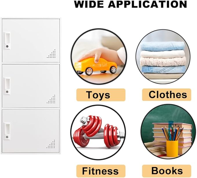 3 Door Metal Locker Steel Storage Cabinet, Office Storage Lockers for Employees, Vertical Metal Cabinets for Home,Office,School,Room Storage Organizer (White)