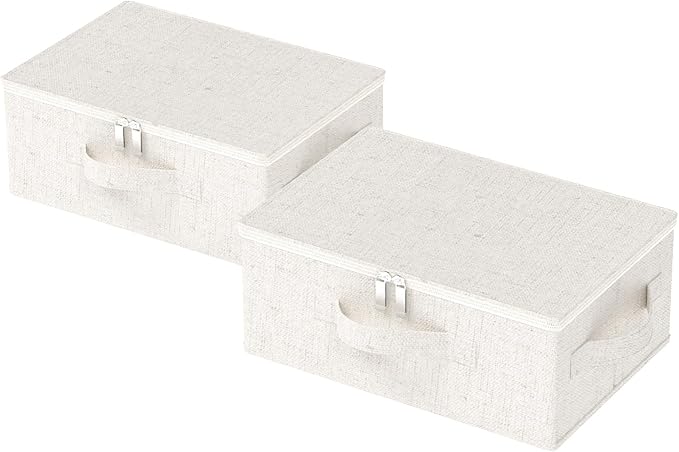 Underbed Storage Box with Lid, Foldable Clothes Organizers, Home Organising Baskets for Clothes, Shoes, Blankets, Pillows, 14.9x10.2x5.9Inches, Beige, 2 Pack