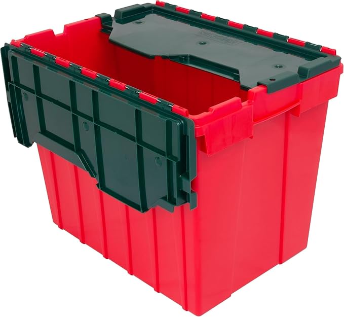 Akro-Mils KeepBox 18 Gallon Storage Container, Nesting and Stackable Plastic Storage Box with Lid Attached, Clear Tote for Garages, Closets, and Moving, 21" x 15" x 17", Red/Green