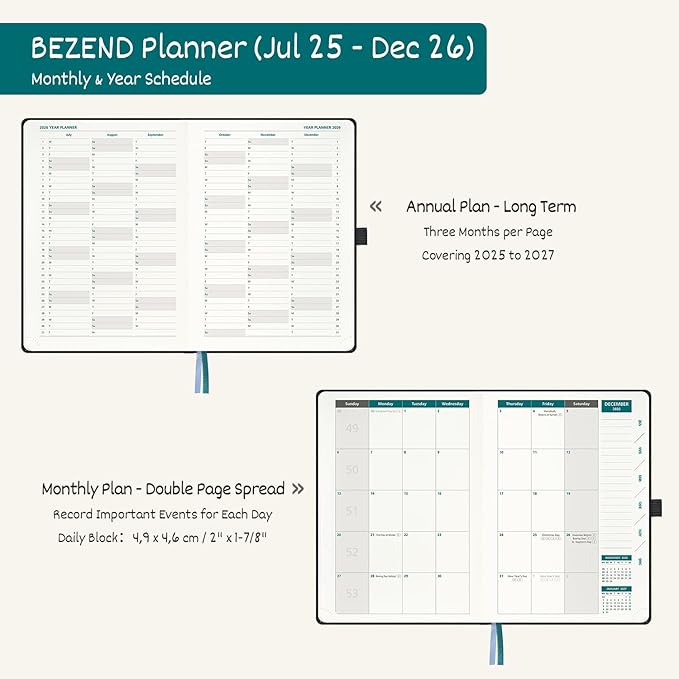 BEZEND Weekly Planner 2025-2026 with 2 Columns, 8.5" x 11" Academic Calendar 18 Months (Jul 25-Dec 26) Life Work Appointment Book with Monthly Tab, PU Leather Hardcover - Lilac