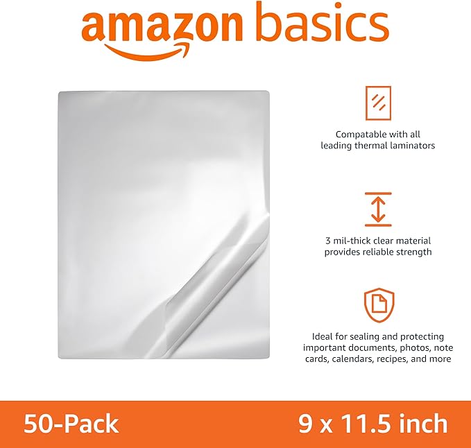 Amazon Basics Clear Thermal Laminating Plastic Paper Laminator Sheets, 9 x 11.5-Inch, 50-Pack, 3mil