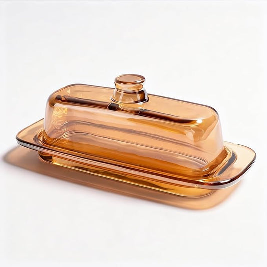 Butter Dish with Lid for Countertop, Elegant Champagne-Colored Covered Glass Butter Holder Tray Container