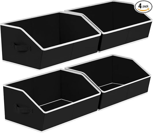 Storage Baskets for Shelves - Trapezoid Cube Storage Organizer Bins, Decorative Storage Baskets with Handles, Large Shelves Organizer for Home, Office, Dorm, Black, 4 Pack