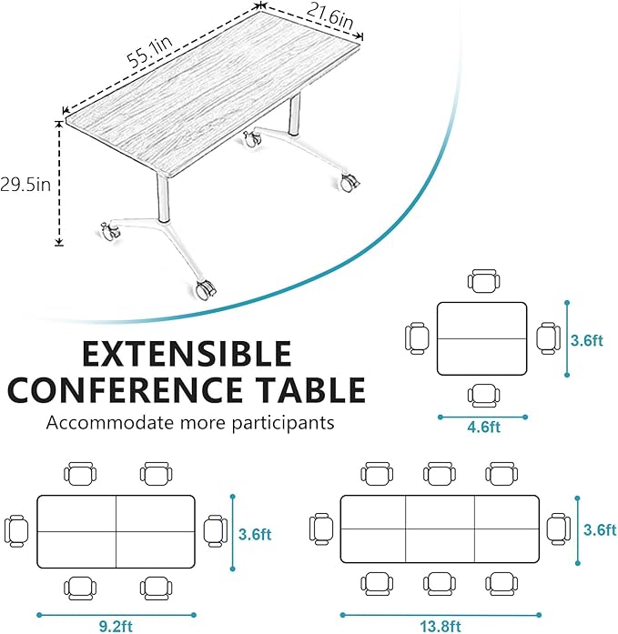 Conference Room Table, Folding Conference Tables,Thicken Grey Tabletop,Flip Top Wooden Seminar Meeting Room Table for Conference Room Offices (8, Black+White, 55.1”)