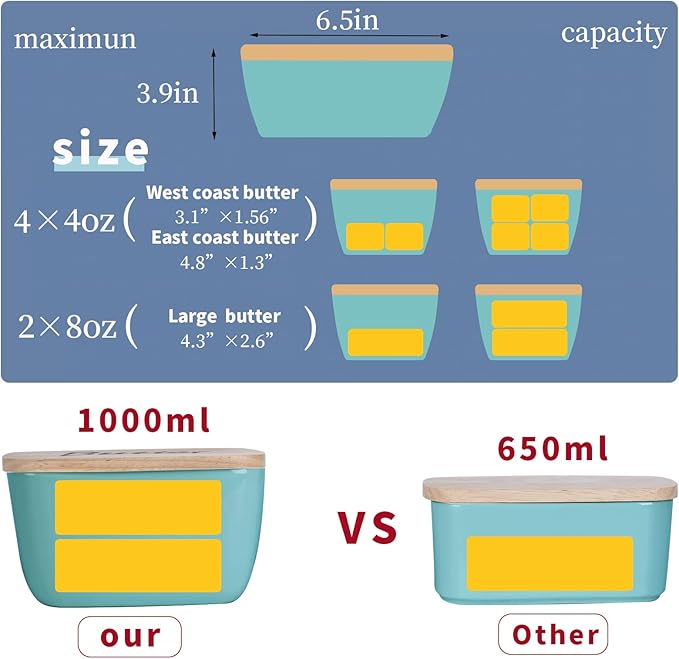 GDCZ Ceramics Butter Dish with Wooden Lid- Large Covered Butter Holder for Countertop, Butter Keeper Container Perfect for Holds 4X 4oz West/East Coast Butter,Turquoise