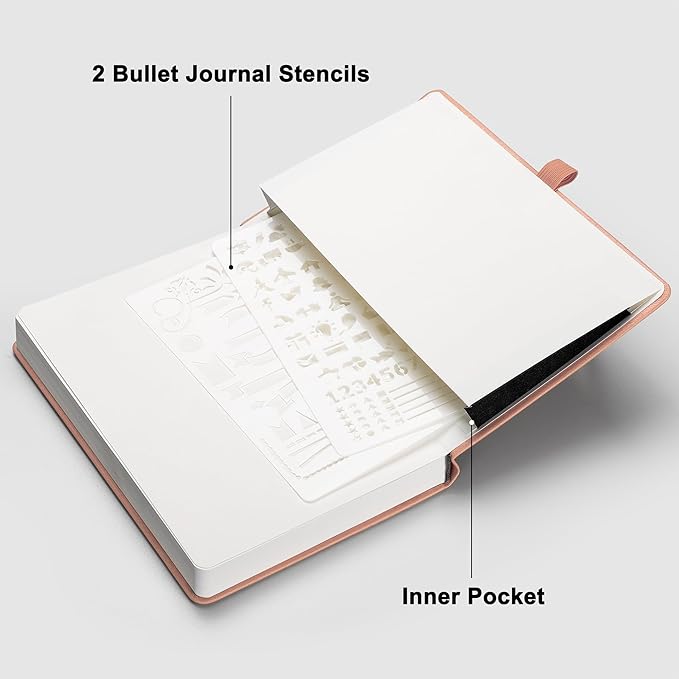 RETTACY Bullet Dotted Journal Notebook, 192 Pages, A5 Medium Size (5.7'' x 8.3''), Leather Hardcover, 100 GSM Thick Paper, for Bullet Journaling, Planning, Tracking (Pink)