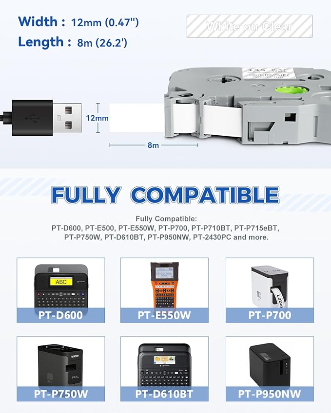 Tze135 12mm 0.47" White on Clear Tape Compatible for Brother Clear Label Tape 12mm Tze-135 Tz-135 P Touch Tz Tze 12mm 1/2" for PTD210 PT-D220 PTD400 PTD600 PT-D610BT Label Maker, 4-Pack