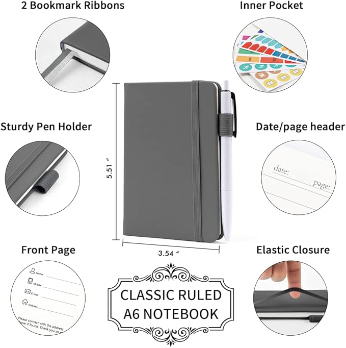 feela 15 Pack Pocket Small Notebooks Bulk, Mini Cute Notepads Hardcover College Ruled Lined Journals with Pen Holder for School Business Memos, with 15 Black Pens, 3.5”x 5.5”, A6, Gray