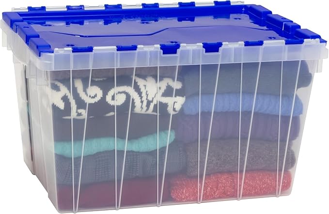 Akro-Mils KeepBox 12 Gallon Storage Container, Nesting and Stackable Plastic Storage Box with Lid Attached, Clear Tote for Garages, Closets, and Moving, 21-1/2" x 15" x 12-1/2", Clear/Blue