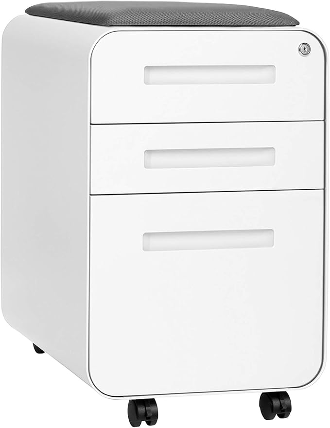 Laura Davidson Furniture STOCKPILE Curve Seated 3-Drawer Mobile File Cabinet with Removable Magnetic Cushion Seat - Metal Filing Cabinet, Pre-Assembled, White with Dark Grey Cushion