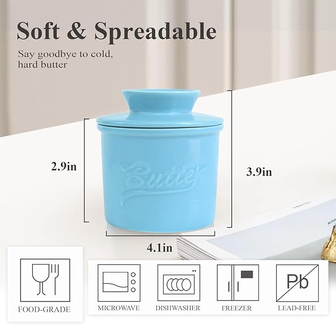 Butter Crock for Counter with Water, French Butter Keeper for Spreadable Butter Ceramic Butter Dish with Lid for Countertop, Butter Container Holder, Home Kitchen Decor (Blue, M)