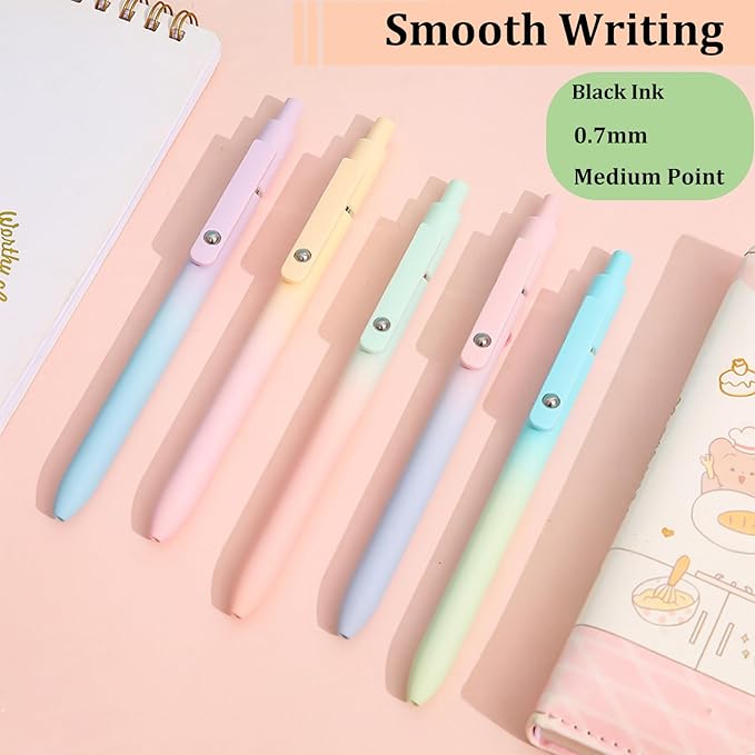 5pcs Gel Pens, Retractable Quick Dry Black Ink Pens Fine Point 0.7mm Premium Cute Rolling Ball Smooth Writing Pastel Aesthetic Pens Comfort Grip for School Office Supplies