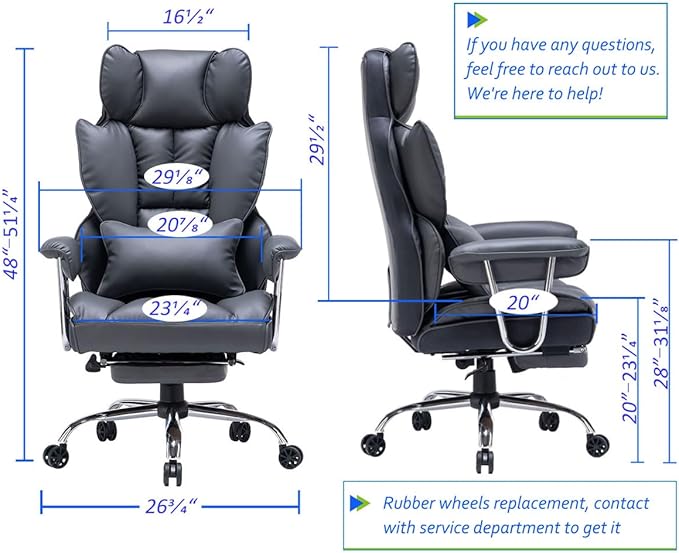 Efomao Big and Tall Office Chair with Footrest, 400LBS PU Leather High Back Executive Office Chair with Lumbar Support, Wide Computer Chair for Home Office, Dark Grey