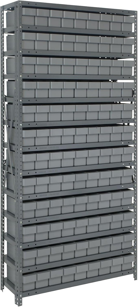 Quantum Storage Systems 1875-604GY Solid Heavy Duty 13 Shelves 108 Super Tuff Euro Gray Bins 75" H x 36" W x 18" D