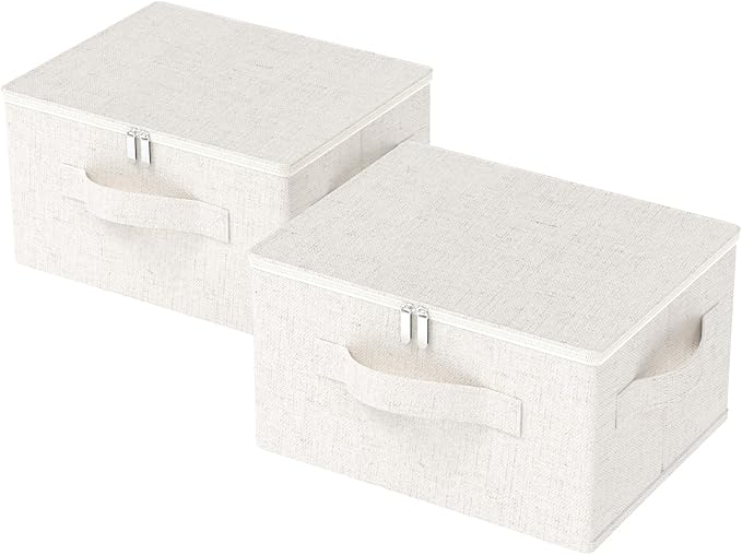 Underbed Storage Box with Lid, Foldable Clothes Organizers, Fabric Bins for Organizing Clothes, Shoes, Blankets, Pillows, 17.7x13.7x9.8Inches, Beige, 2 Pack
