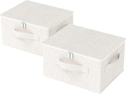 Underbed Storage Box with Lid, Foldable Clothes Organizers, Fabric Bins for Organizing Clothes, Shoes, Blankets, Pillows, 17.7x13.7x9.8Inches, Beige, 2 Pack