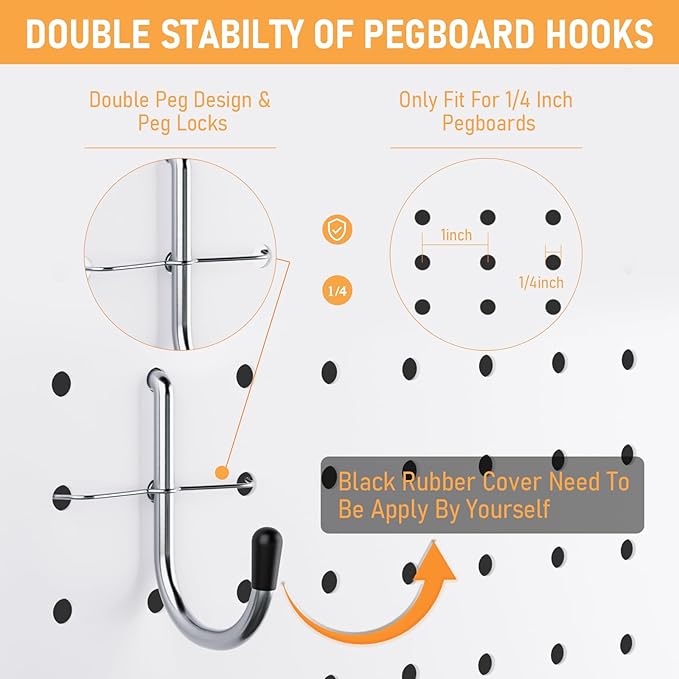 INCLY 176PCS Extra Thick Pegboard Hooks, 1/4" Heavy Duty Metal Peg Board Hooks Assortment with Peg Locks Pegboard Accessories Kit for Garage Wall Organizer Hanging Tools