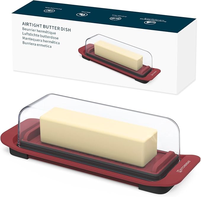 KITCHENDAO Airtight Butter Dish with Lid for Countertop and Refrigerator Door Shelf, Butter Keeper, Plastic Butter Holder Tray Container for West/East Coast Butter, Red
