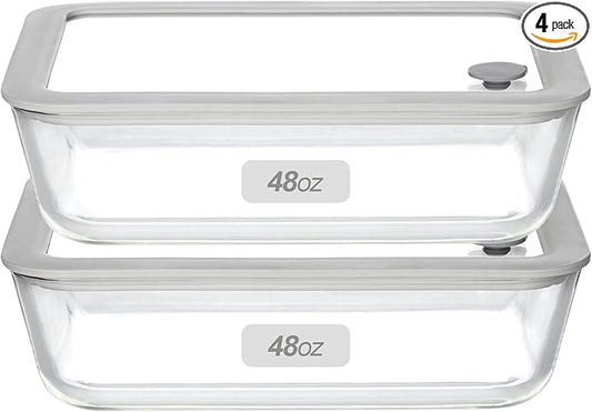 Glass Food Containers with Glass Lid, Microwave Safe Food Storage Container Set, 2 Pack of 48oz, Large Size Meal Prep Storage Set with Airtight Leak Proof Lid.