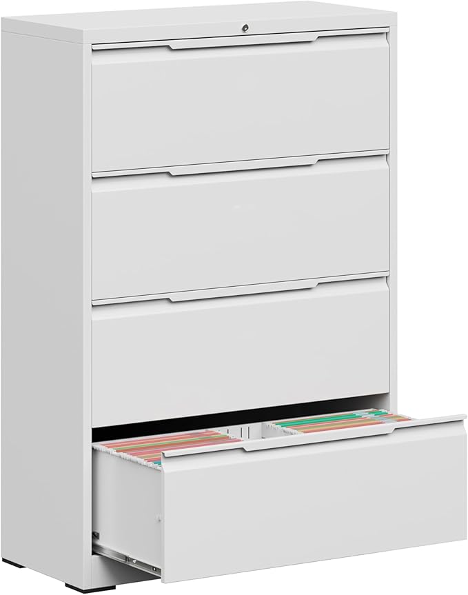 Metal Steel Filling Cabinets for Home Office - 4 Drawer Lockable Lateral File Cabinet for Hanging Files Letter/Legal/F4/A4 Size, Assembly Required - White