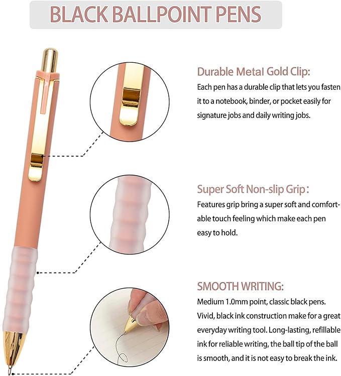Linbsunne Ballpoint Pens Black Medium Point 1mm with Super Soft Grip Ball Point Pen for Men Women Retractable(gold-6x2 pcs)