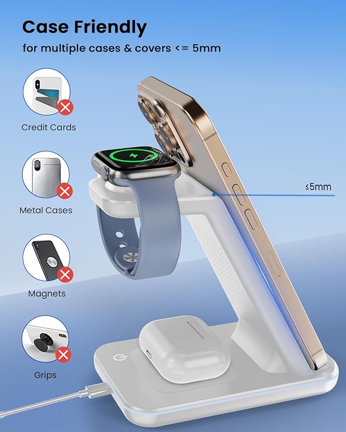 3 in 1 Wireless Charging Station, Wireless Charger Stand for Multiple Apple Devices, Wireless Charger for iPhone 17 16 15-11 Pro Max XS XR 8, Apple Watch 11 9 8 7 6 SE 5 4 3 2, Air Pods 3/2/Pro