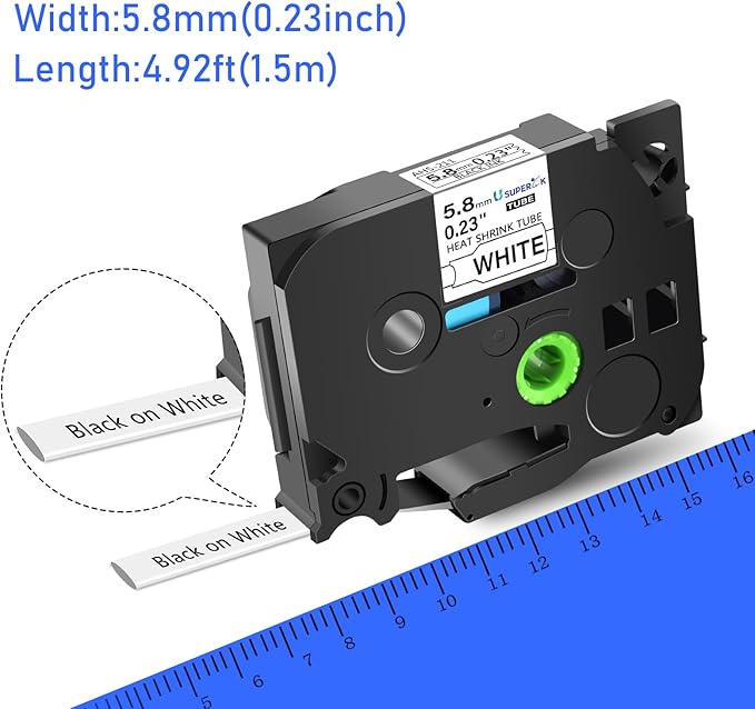 USUPERINK 5 Pack Compatible for Brother Ptouch HSe-211 HSe211 HS-211 HS211 Black on White (0.23''x 4.92ft) Heat Shrink Tube Label Tape use in PT-D400 PT-D450 PT-E300 PT-E500 H300 Label Maker