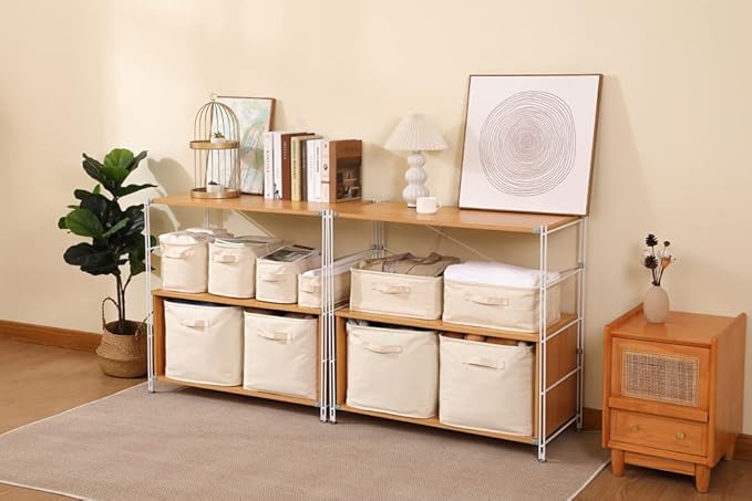 Decorative Basket Rectangular Fabric Storage Bin Organizer Basket with Handles for Clothes Storage (10.2 x 7.2 x 6.2, Beige)