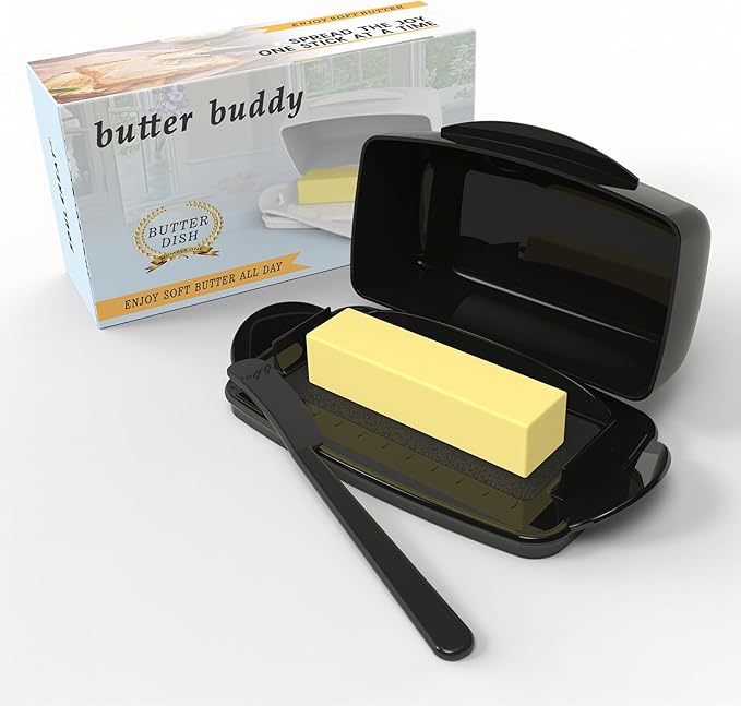 Butter Dishes with Lid for Countertop Refrigerator, Plastic Butter Dish Clear Flip Top Lid Butter Container with Spreader, Non-Slip Bottom Butter Holder Keeper (Black)