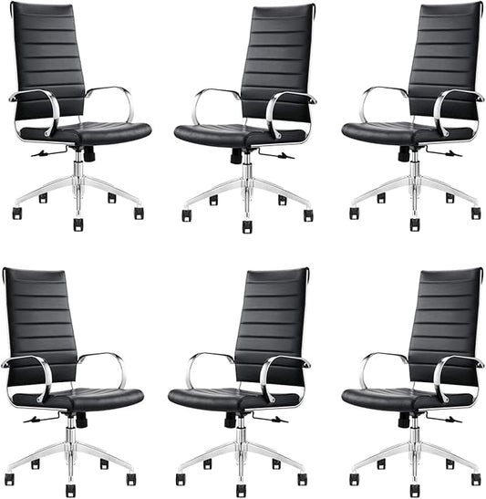 Ribbed High Back Conference Room Chairs - Lumbar Support, Modern Style Executive Chair for Home and Office - 360 Swivel Rolling Wheels - Aluminum Chrome Frame & Base - Black (Pack of 6)