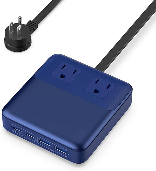 USB C Charger Block,135W GaN IV Fast Charging Station Hub,6-in-1 USB C Power Strip with Flat Plug and 5ft Cord,2 AC,2 USB A,2 USB C,PD 65W Laptop Charger for MacBook Air/Pro,iPhone16/15,S24-Dark Blue
