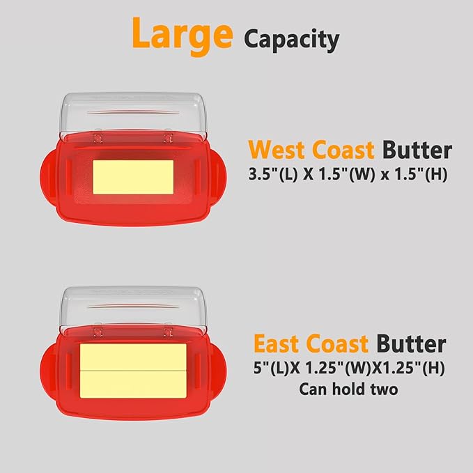 Butter Dishes with Lid for Countertop Refrigerator, Plastic Butter Dish Clear Flip Top Lid Butter Container with Spreader, Non-Slip Bottom Butter Holder Keeper (Transparent Cover Red)